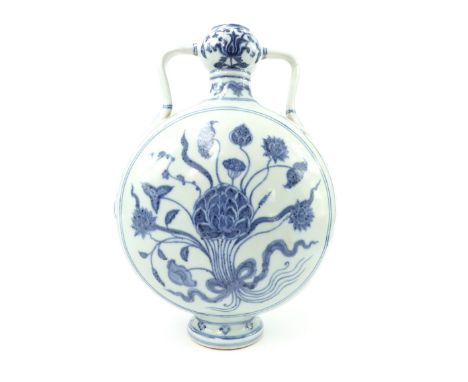 Chinese blue and white porcelain moon flask, floral decoration, 28cm h