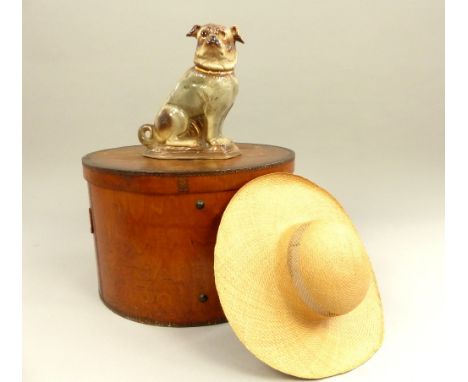 Ladies' wooden circular hat box, 52cm dia, and a Staffordshire ceramic pug dog ornament, 30.5cm h (2)