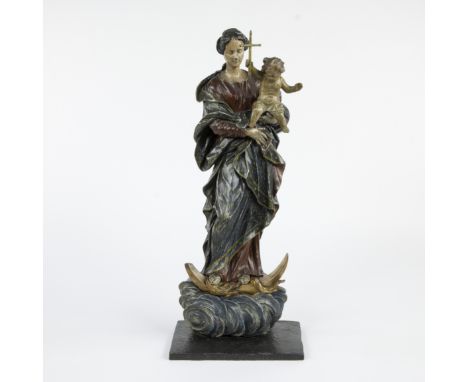 Polychrome and gilded wooden statue of Madonna and Child, standing on a crescent moon, Southern Netherlands, 18th centuryGepo