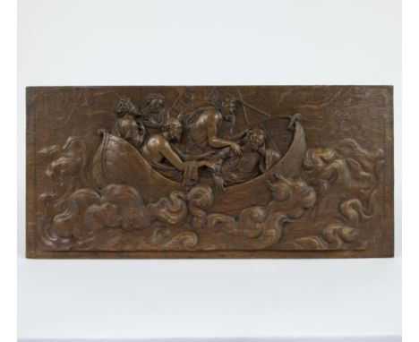 Flemish 17th century oak bas-relief Matthew and LukeVlaams 17e eeuws eikenhouten basreliëf Matheus en Lucas26 x 55 cm