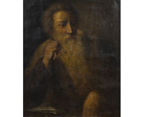 Oil on canvas, dark baroque representation of a bearded man with pen resting on a book, chiaroscuro present, indicating the i