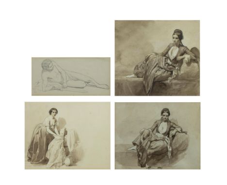 Willem DE FAMARS TESTAS (1834-1896), set of 3 watercolours of young girls and one pencil drawing of a reclining male nude, mo