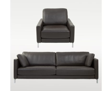 Rolf Benz leather sofa and single seater, markedRolf Benz lederen zitbank en éénzit, gemerkt82 x 230 x 95 &amp; 82 x 95 x 83 