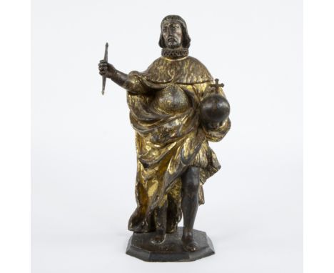 Standing figure of a king with orb with cross and scepter, very rare with mill collar, original polychrome and rare remains o