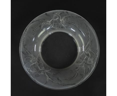 Glass bowl by R. Lalique France decorated with leaping gazelles surrounded by graceful leaf motif, signed R. Lalique FranceGl