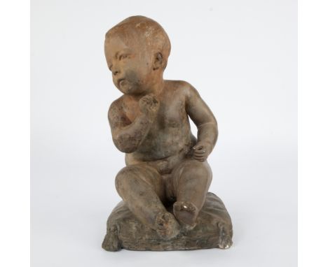 19th century terracotta statue of a seated baby on a cushion, after Jean-Baptiste PIGALLE (1714-1785)19e eeuws terracottabeel