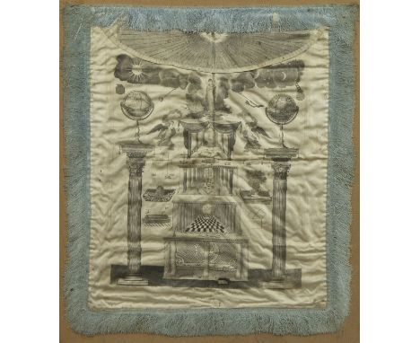 Symbolic apron of a master Freemason, with the central embroidered representation of the Masonic Temple and flanked by the pi