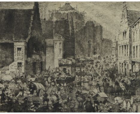 Jules DE BRUYCKER (1870-1945), etching Jour de Marché à Gand 1906, signed in the plate and signed lower left in Chinese inkJu