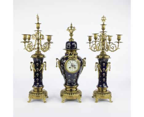 Three-piece Belgian clock set, Napoleon III style, in dark blue porcelain with gilt bronze mounts, signed Horloge de la Poste