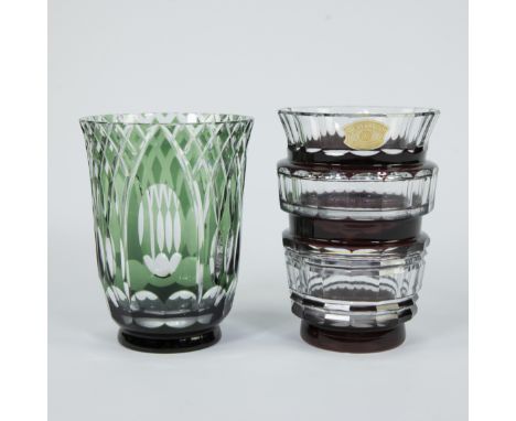 2 Art Deco Val Saint Lambert vases in green and colorless cut crystal and burgundy and colorless cut crystal with label, one 