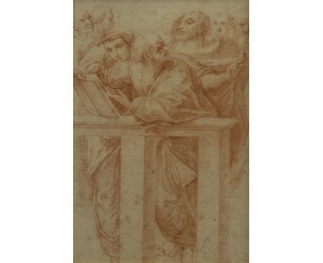 Renaissance drawing in red chalk (sanguine) of figures around a lectern in classical drapery, School of Raphael, Italian High