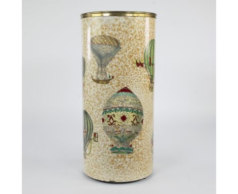 Cylindrical umbrella stand by the Italian design house Fornasetti, made of metal with brass rim and embellished with an iconi