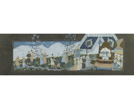 Tempera on silk on wood, Persian court art of a ruler on a throne with courtiers, soldiers and noblesTempera op zijde op hout