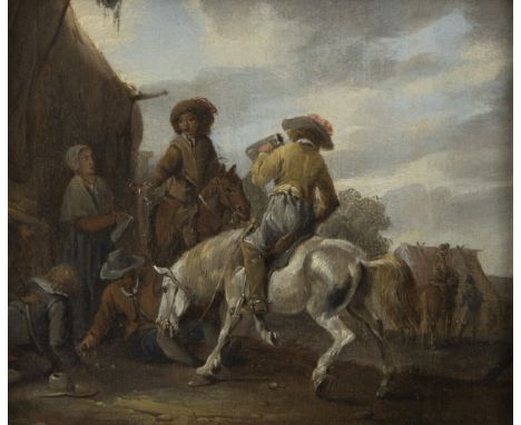 Atmospheric 17th century genre scene in which a group of travelers stops at a country inn, in the lively style of the Dutch B