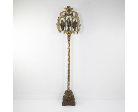 Richly carved and gilded processional staff surmounted by three small saint figures, Spain, 18th centuryRijk gesneden en verg