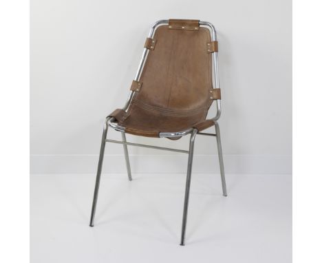 Chair designed for Les Arcs by Charlotte Perriand, original example, chromed steel frame with leather seat, 1950sStoel ontwor