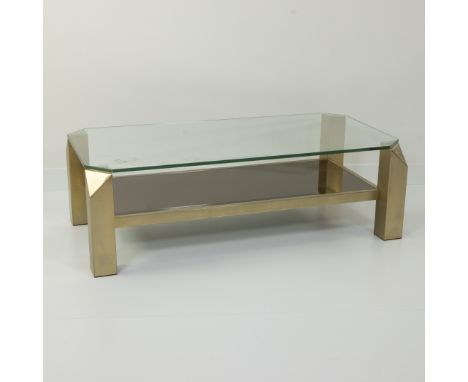 Gold plated coffee table with two levels by BELGOCHROOM, the lower level is a mirror and the upper level is a glass top, 1970
