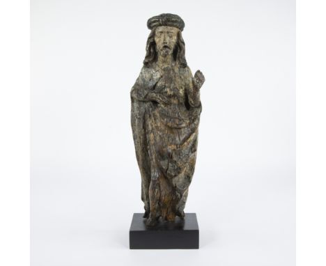Standing wooden sculpture of Christ, depicted as Salvator Mundi, remains of original polychromy, circa 1500Staande houten scu