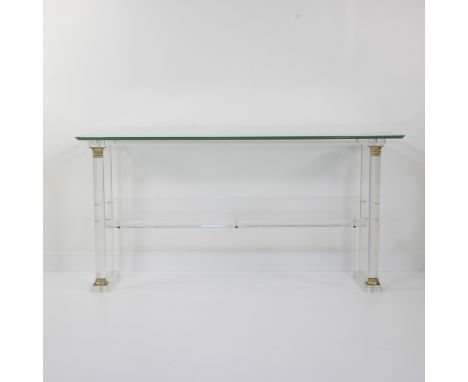 Plexiglass console with glass countertop, brass accents and matching mirror, 1980sConsole in plexiglas met glazen blad, messi