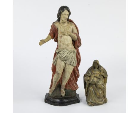 2 wooden statues, Christ Salvator Mundi with wound in silk, wearing red cloak, Southern Europe, 19th century and small devoti