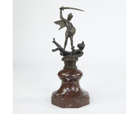 Bronze sculpture of Saint George defeating the demon, on marble base in Rouge Belge, probably 19th century (ca. 1850–1900)Bro