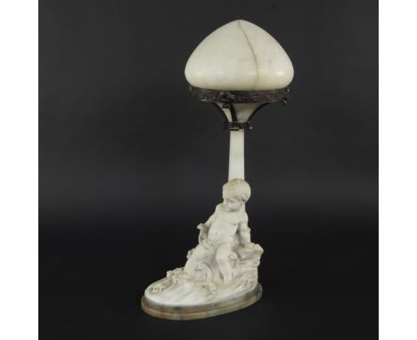 Table lamp with alabaster base in the shape of a putto on a rock and mushroom-shaped shade on an elegant metal frame, Belle É