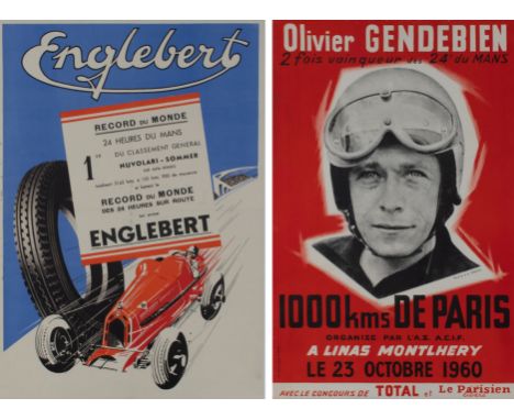 2 posters, Le Mans Englebert commemorative poster 1933 and 1000 kms de Paris 1960, both mounted on linen2 affiches, Le Mans E