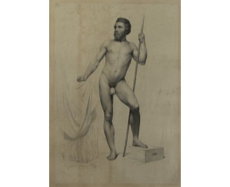 Engraving of a standing male nude engraved by Eugène Copman circa 1861, stamp top left of the Royal Academy of Antwerp, signe