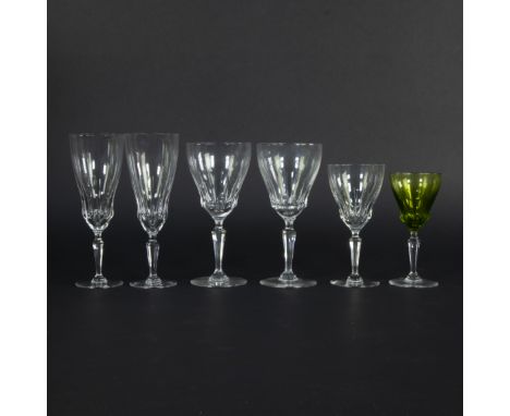 Val Saint Lambert, lot of crystal glasses, 10 champagne, 12 water, 6 wine glasses and 6 green colored crystal glassesVal Sain