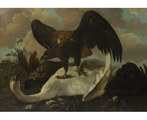Dutch school, oil on canvas Hunting scene with an eagle, defeated swan, pheasants and other hunting birds, in the style of Fr