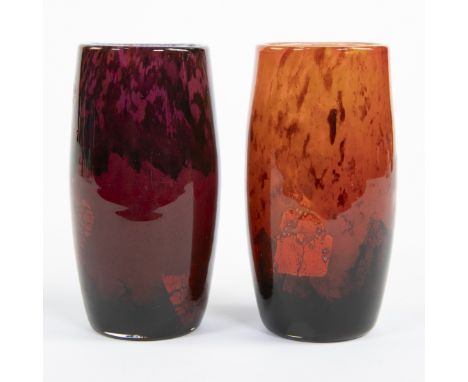 2 small DAUM vases in crystal paste with orange and purple marble decoration with gold glitter inclusions, signed Daum Nancy,