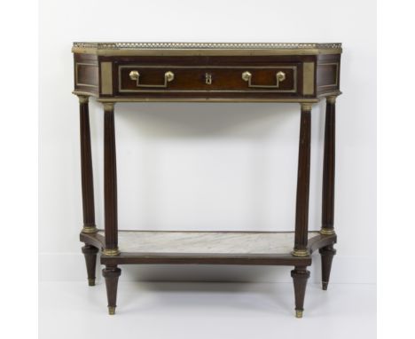 Louis XVI style console with one drawer, four fluted legs, top and bottom in white marble and brass decorative bordersConsole