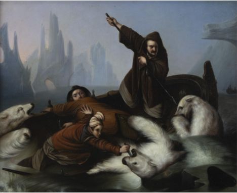 19th century oil on copper 'Fishing whalers attacked by polar bears', after François-Auguste BIARD19e eeuws olie op koper 'Fi
