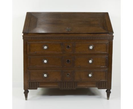 Late 18th century oak secretaire à abattant (collapsible desk) with round plaques in painted enamel, classic Louis XVI styleL