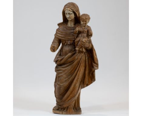 Large carved wooden statue of Madonna and child, Southern Europe, original polychromy still visible in face of mother and chi