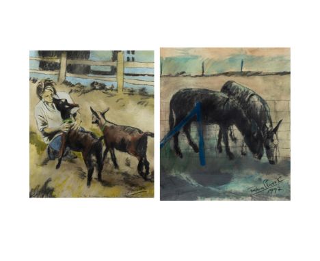 Martin WALLAERT (1944), 2 mixed media Boy with goats and Horses in the meadow, signed and dated 1997Martin WALLAERT (1944), 2