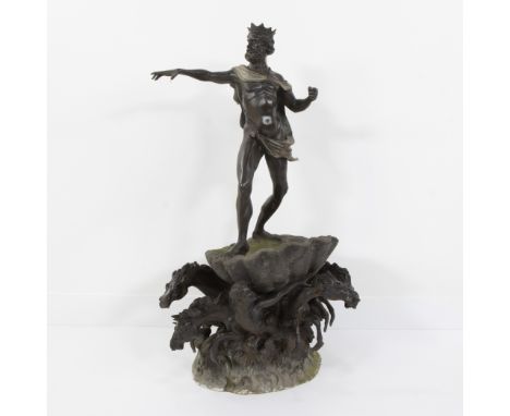 Large bronze garden statue depicting Neptune on a shell-shaped rock, surrounded by writhing horses and naked menGrote bronzen