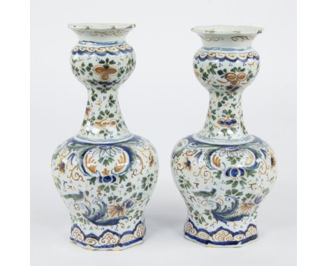 Pair of 18th century Delft knob vases with polychrome hand-painted decoration in blue, orange, green and manganese decoration