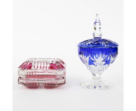 Val Saint Lambert, a red and clear cut crystal square lid box and blue and clear cut crystal lid coupes, both signedVal Saint