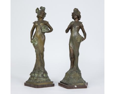 An elegant pair of patinated allegorical Art Nouveau sculptures representing female figures 'La Poésie', on marble plinth, Fr