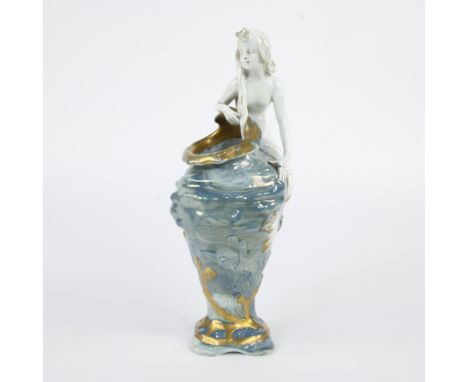 Porcelain Art Nouveau vase from Kronach, circa. 1900, decorated with a mermaid sitting on a blue glazed vase, markedPorselein