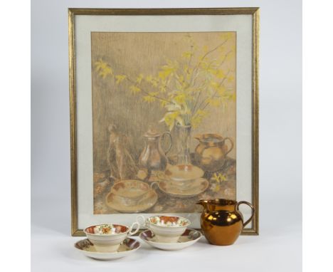 Anna DE WEERT (1867-1950), pastel Still life with cups and gold jug, signedadded the 2 cups and saucers and the gold jug dire