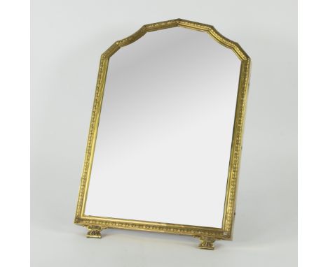 Gilt bronze table mirror, frame with tight geometric border pattern and ionic column feet, with standVerguld bronzen tafelspi