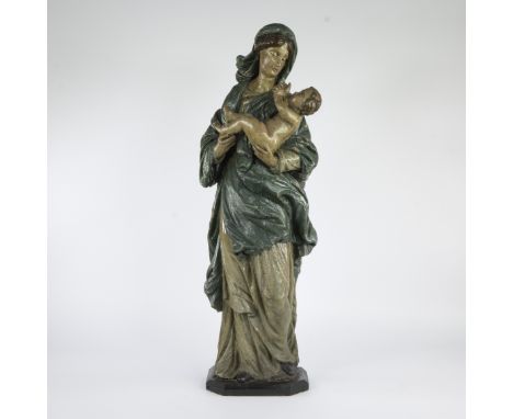 Standing polychrome statue of the Virgin Mary in green cloak and beige robe, looking lovingly at the Christ Child in her arms