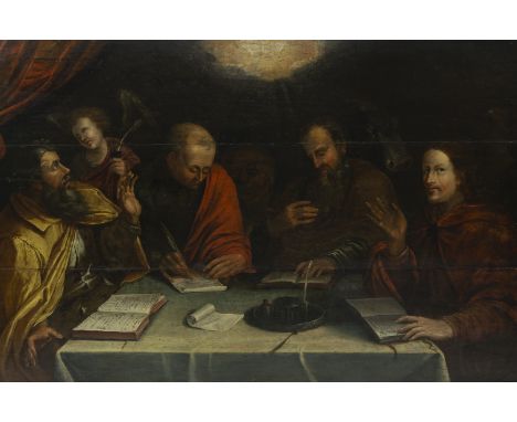 Oil painting on panel, 17th century, depicting the four evangelists at work, surrounded by an angel and heavenly lightOliever