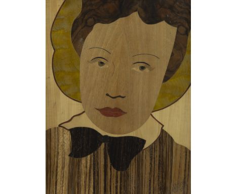 Art Deco portrait of a lady composed of various types of wood, signed Delaere and dated 1943Art Deco damesportret samengestel