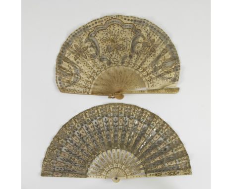 Set of 2 hand embroidered fans with elegant combination of bone with intricate embroidery and sequins, early 1800's Empire Fr
