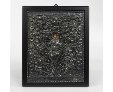 Finely crafted 19th century icon with silver riza (oklad) in which Christ is centrally located in the tree of life, surrounde