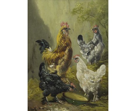 Paul SCHOUTEN (1860-1922), oil on panel Chickens with rooster, signedPaul SCHOUTEN (1860-1922), olie op paneel Kippen met haa