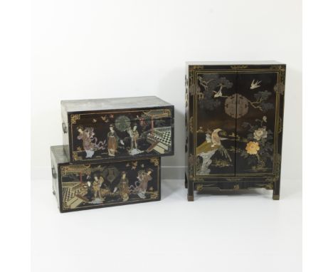 Chinese furniture consisting of 2 chests, a two-door cabinet and a small pedestal, decorated with garden scenes and floral mo